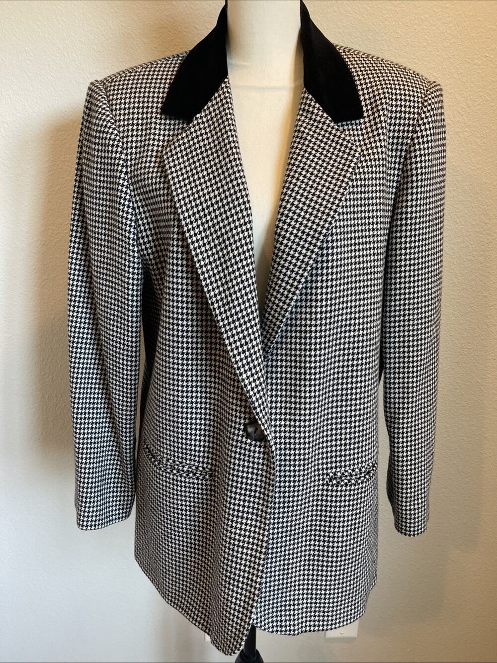 Vintage Sag Harbor White Black Houndstooth Wool Blend Blazer Velour Collar Sz 14